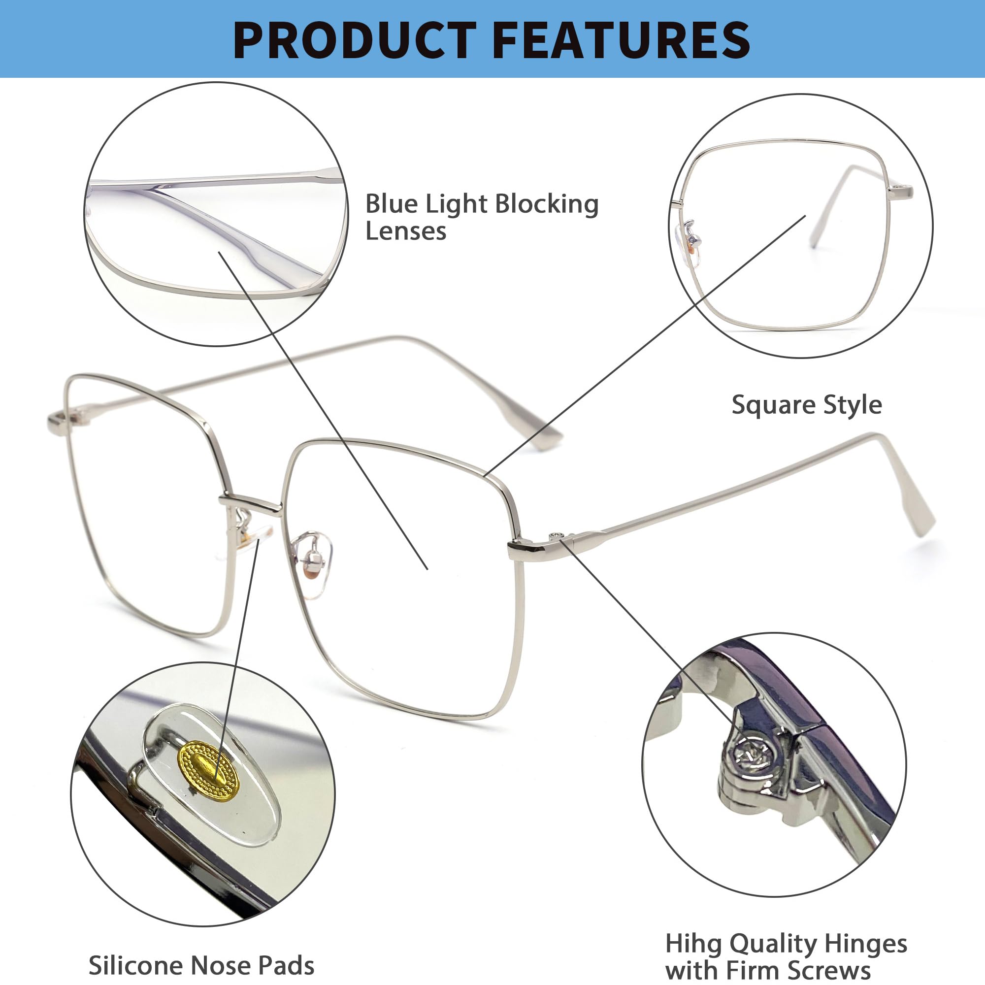 JM Blue Light Blocking Gaming Glasses Square UV400 Protection Metal Optical Computer Eyeglasses Anti Glare Eye Strain Men Women Silver - Image 3