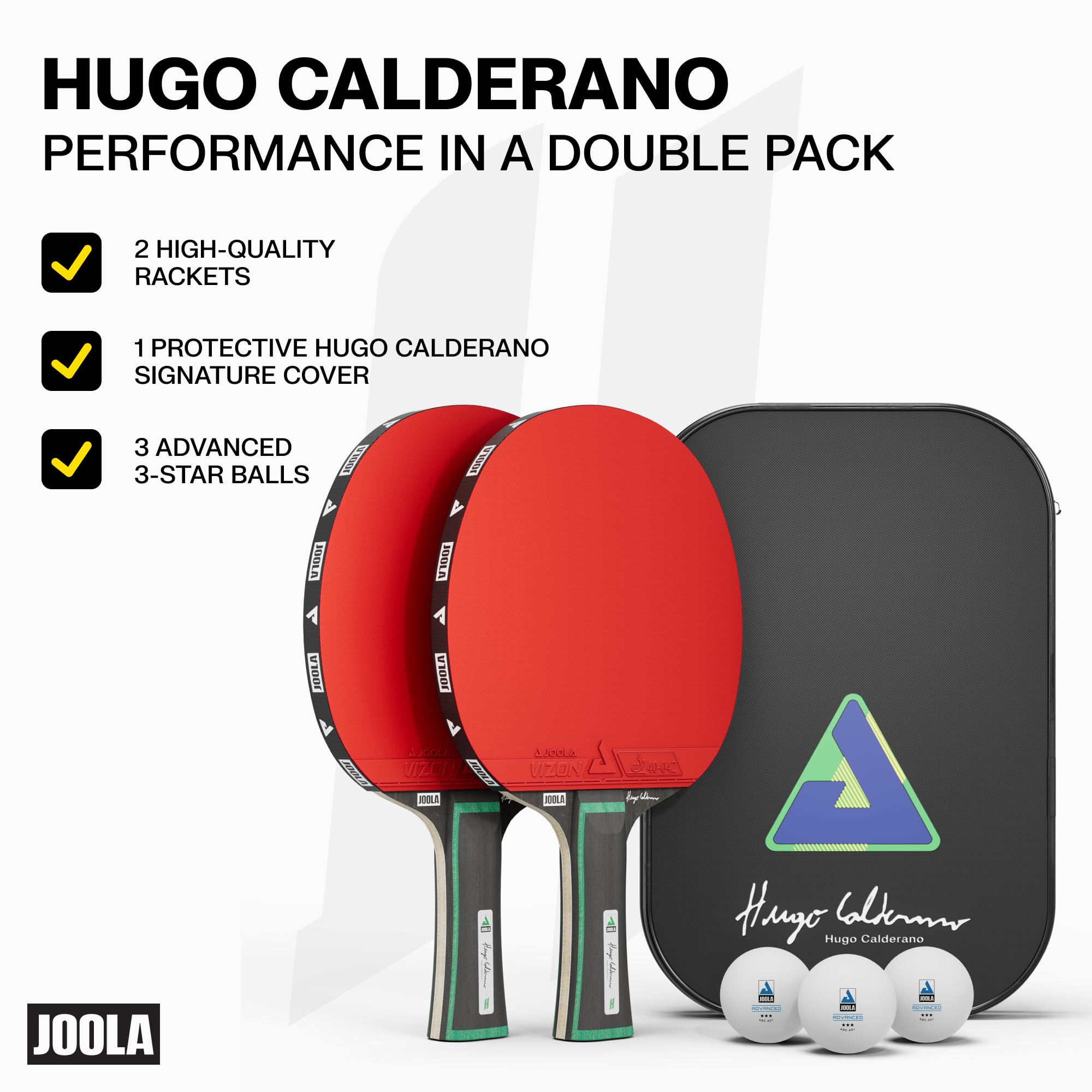 JOOLA Hugo Calderano Edge - Juego de tenis de mesa, 2 raquetas de ping pong + 3 pelotas de ping pong + funda de ping pong - 6 piezas
