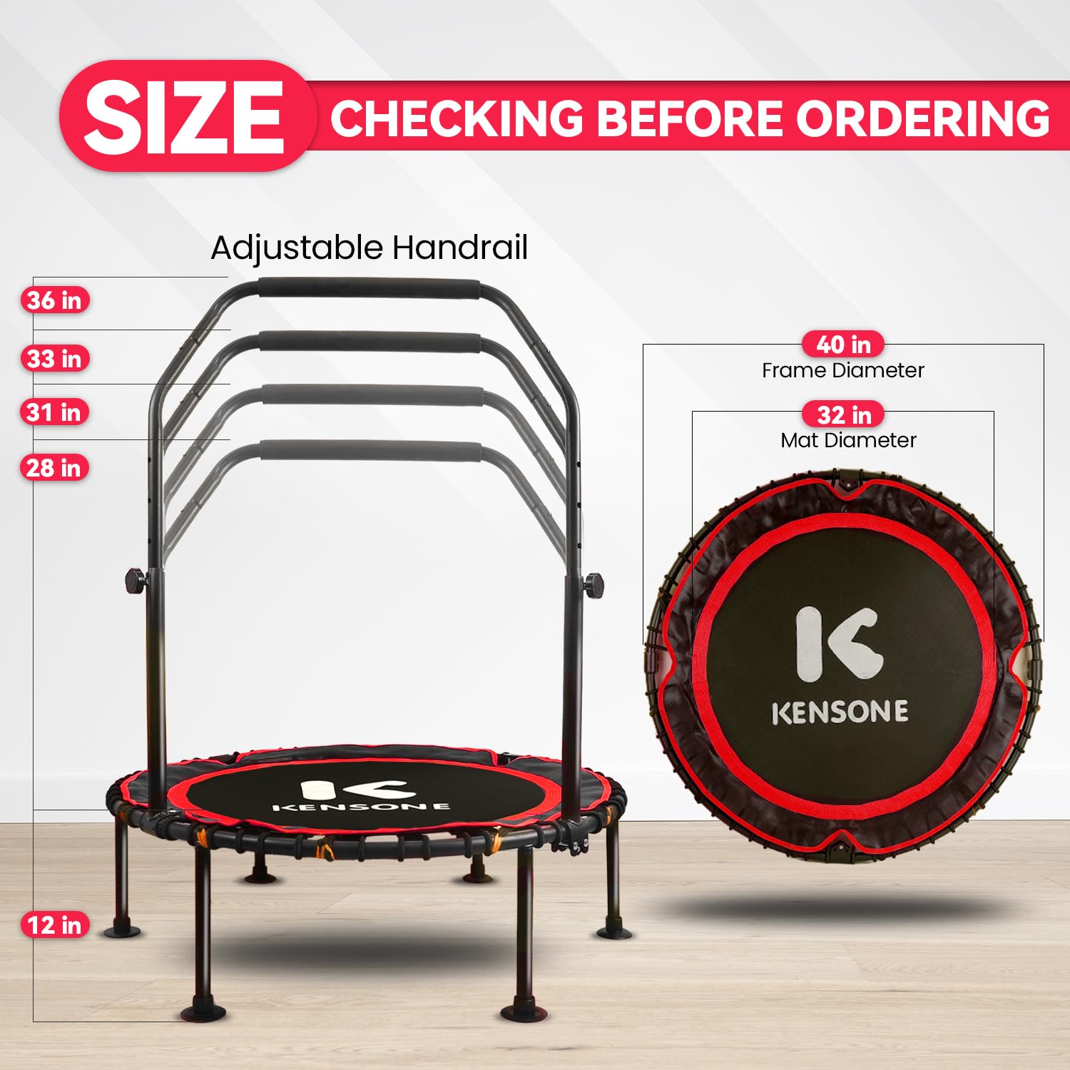 K KENSONE 40/48 Zoll Faltbares Rebounder Trampolin für Erwachsene mit Bungee, 450/250 kg leises Indoor-Mini-Trampolin für Erwachsene, Fitness, Fitnessstudio, Heimübung