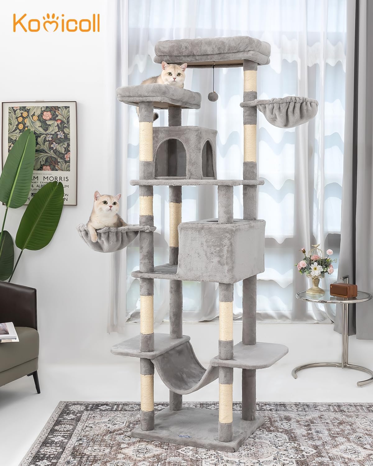 Cat Tree, 81-Inch Tall Cat Tower with Scratching Post, Plush Multi-Level Cat Condo with 2 Perches, 2 Caves, 2 Basket, Hammock for Indoor Cats Light Grey