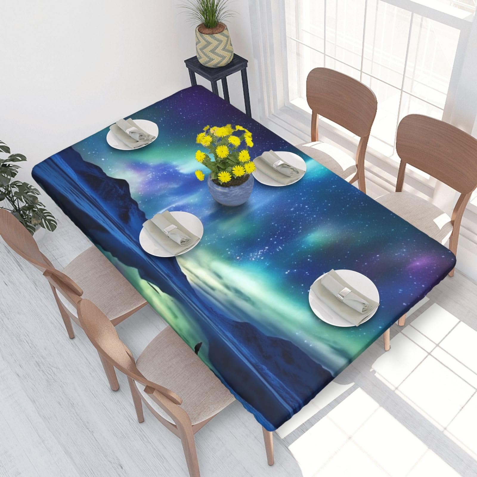 Northern Lights Waterproof Square Table Cover Elastic Fitted Tablecloth Oil Proof Table Protector For 4ft Table