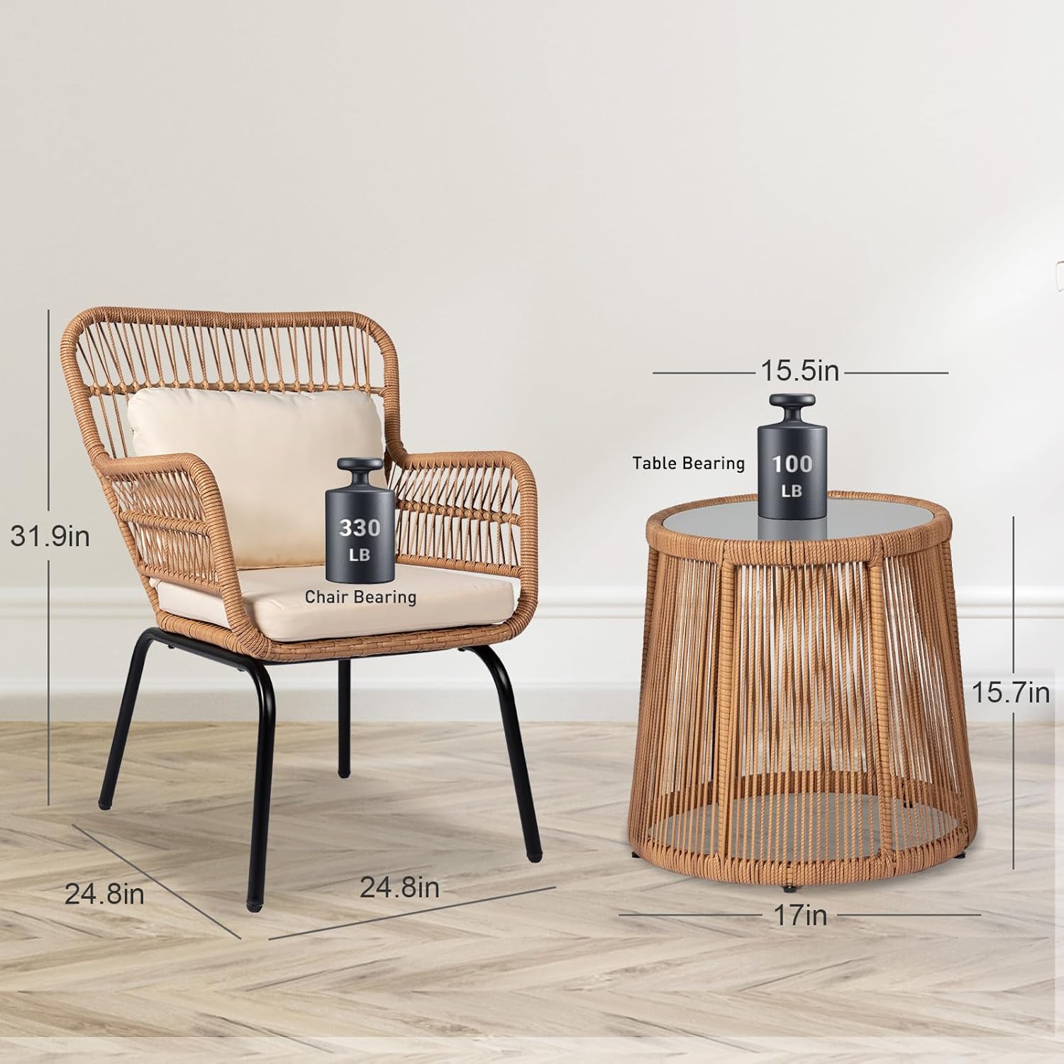 PROHIKER 3 Pieces Outdoor Wicker Bistro Patio Furniture Set, Porch Furniture Rattan Conversation Sets with Side Table and Cushions for Garden Poolside Backyard, Yellow/Beige