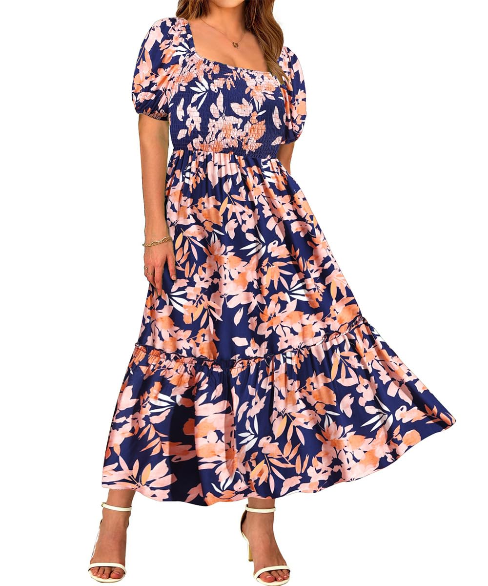 Plus Size Dresses for Curvy Women Off Shoulder Square Neck Puff Sleeve Smocked Maxi Summer Dresses with Pocket XL-5XL