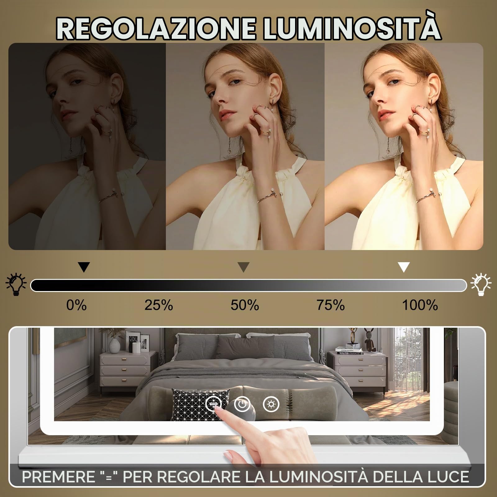 Specchio Trucco con Luci 80x55 cm, Specchio Hollywood con Luci LED Regolabili, 3 Modalità, Caricatore USB, Memoria Intelligente, Controllo Touch, Montaggio a Parete, Bianco