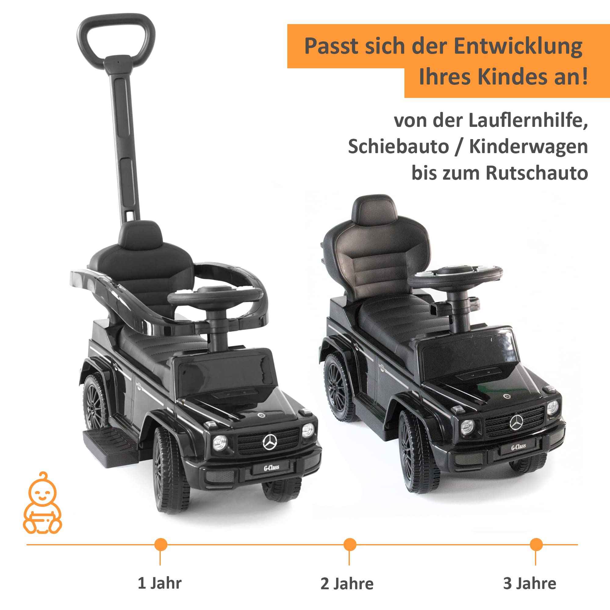 Lemodo Rutschauto mit Schiebestange ab 1 Jahr, Mercedes G350d Rutscherauto mit Sicherheitsbügel, Fußablage, Kippschutz, Sound-Lenkrad & Stauraum, Kinderfahrzeug für drinnen und draußen bis 25 kg