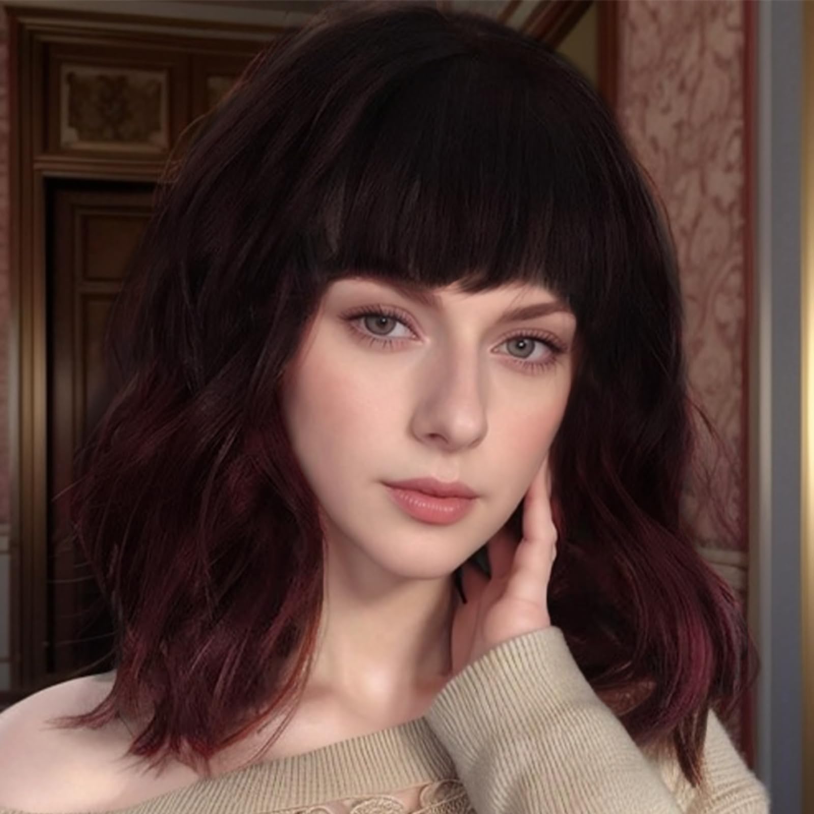 BUYOGET Wavy Bob Wig with Bangs Synthetic Hair Shoulder Length 12 Inch Short Curly Wigs for Women Red Mix Black