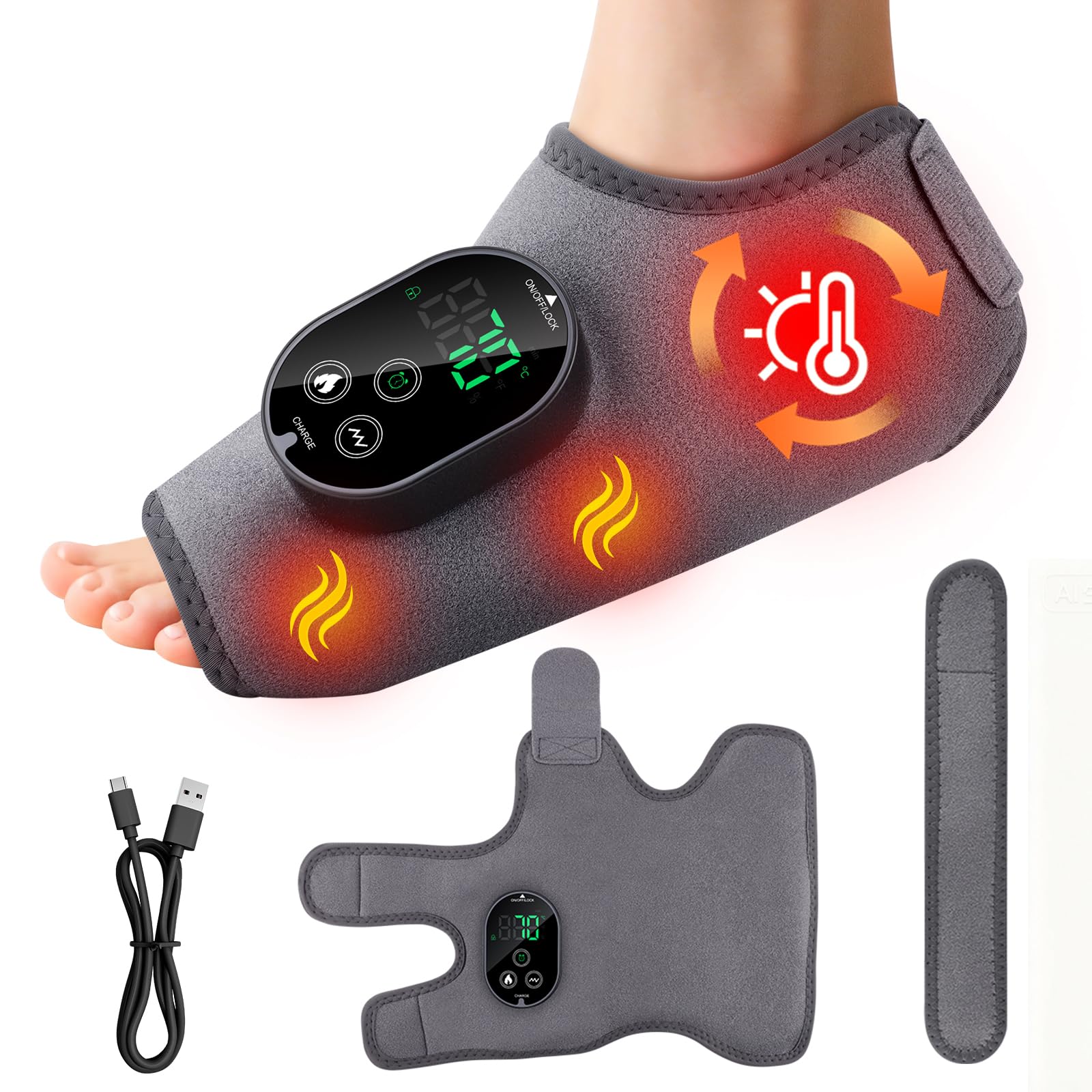 Massaggiatore elettrico 3 in 1, massaggiatore per piedi, 3 modalità e 6 livelli di calore, massaggiatore portatile senza cordless con batteria da 3000 mAh per caviglia, tallone, suola, dorso