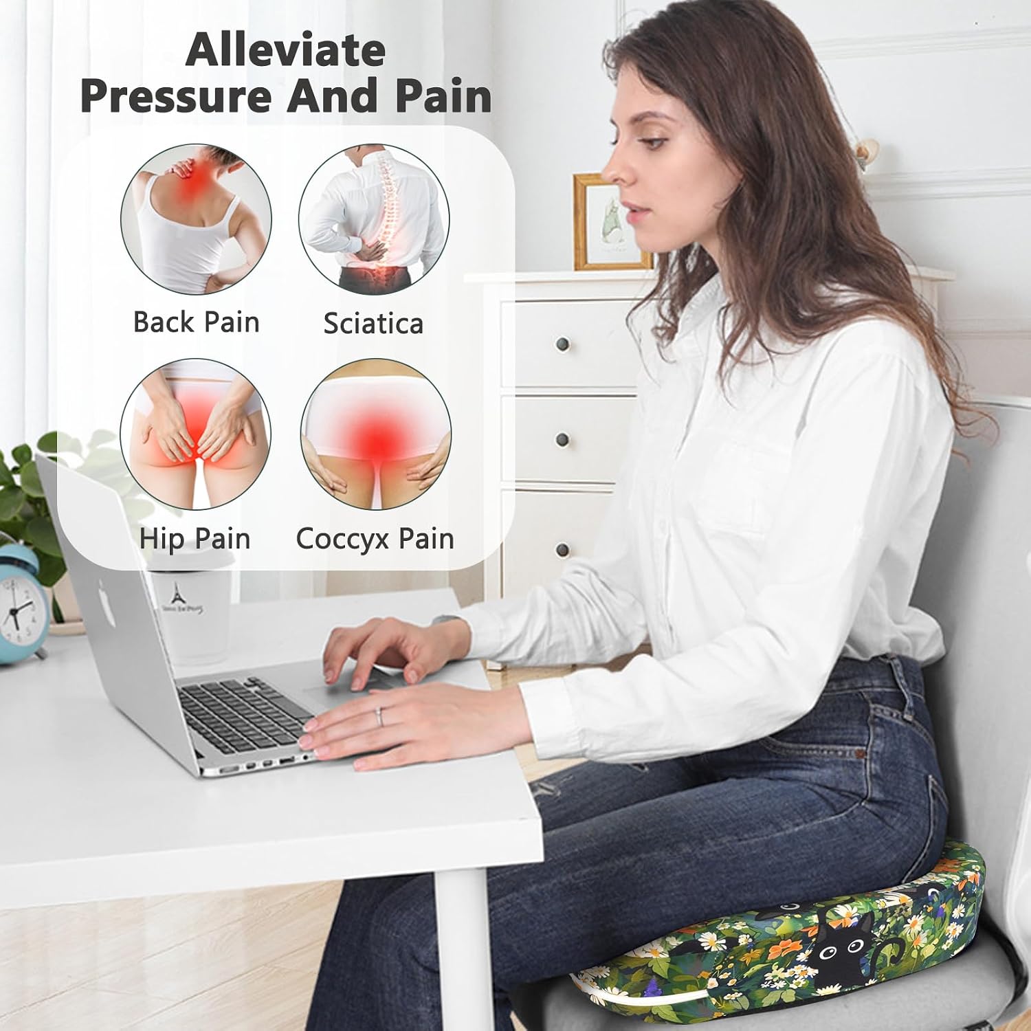 Tailbone Pain Relief Cushion, Memory Foam Seat Cushion for Coccyx Sciatica Pain Pressure Relief Office Desk Chair