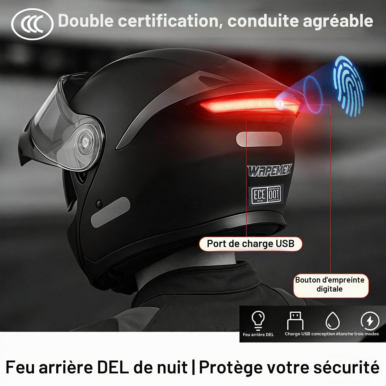Casque Modulable Moto Bluetooth, avec Feu Arrière LED, Casque À Rabat pour Adultes avec Double Visière, Casque Homologué ECE, Adultes Hommes Femmes Cyclomoteur Anti-Collision