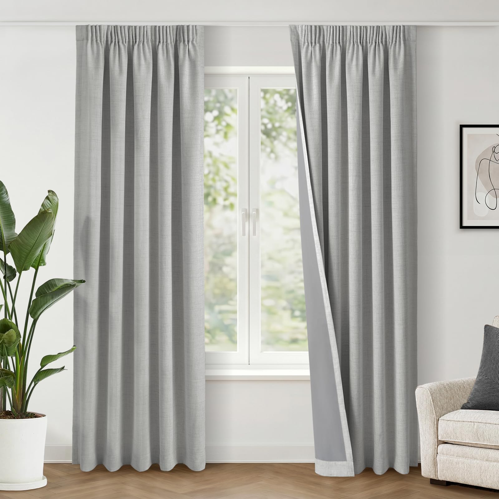 INOVADAY 100% Verdunklungsvorhänge Kräuselband 2 Stück | Gardinen mit Kräuselband Wohnzimmer für Schienensystem, Vorhang Blickdicht Leinenoptik, Thermovorhang Schlafzimmer, OEKO