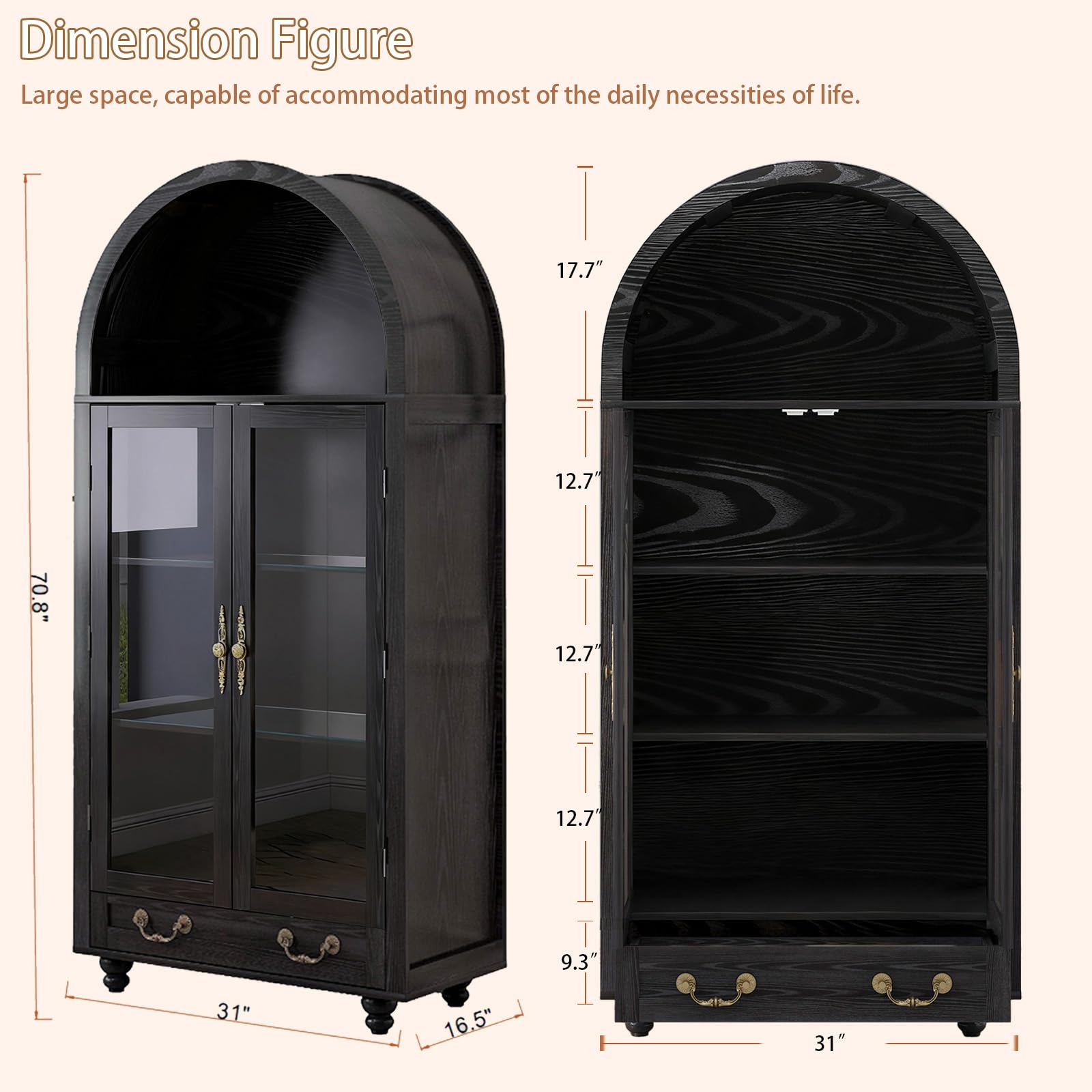 Vitrina de madera con puertas de cristal y parte superior en forma de arco, amplio espacio de almacenamiento para libros, platos y más, acabado negro resistente con asas doradas, 31 pulgadas