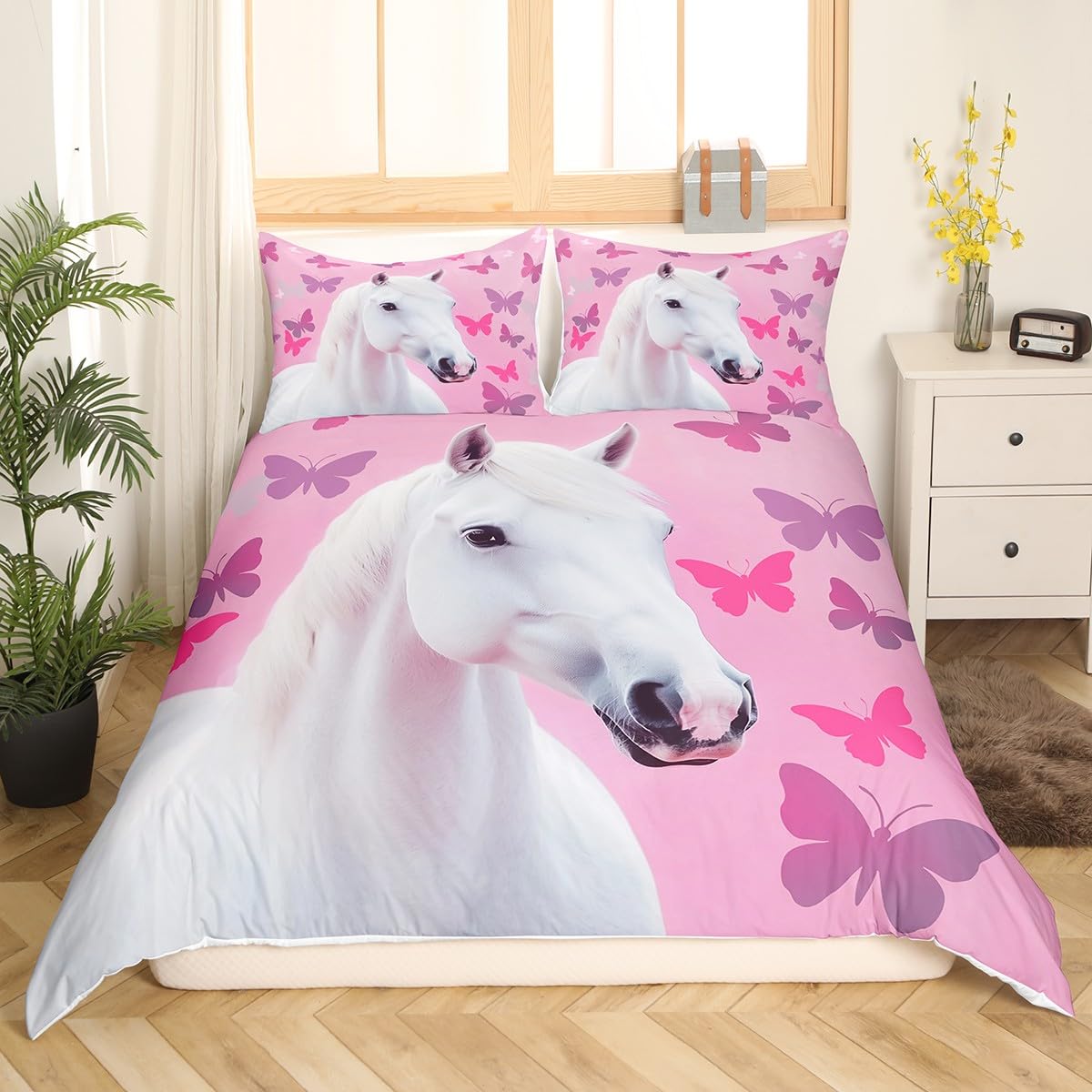 Homemissing Girls' Horse Duvet Cover Set Single Size Pink White Horse Printed Bedding Set Butterfly Flower Duvet Cover with 1 Pillowcase Children'S Women'S Animal Theme - Image 2