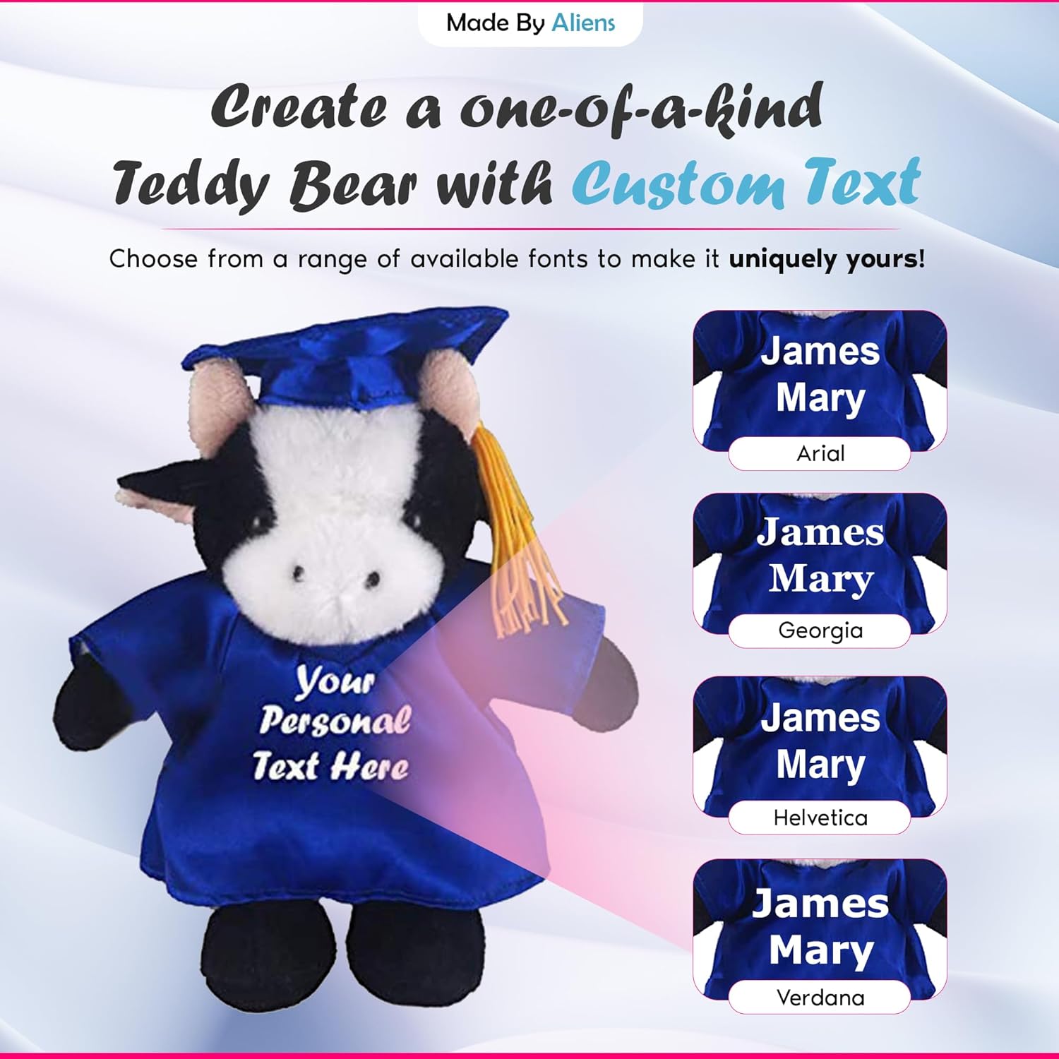 Plush Stuffed Animal Toys 12 Inches Present Gifts for Graduation Day, Personalized Text, Name or Your School Logo on Gown, Best for Any Grad School Kids (Graduation Cow Blue Gown)
