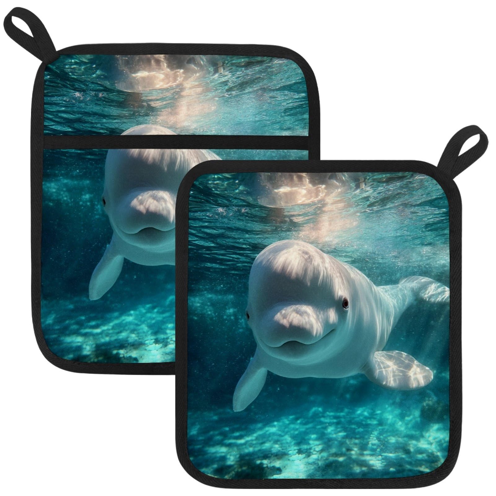 VAPOKF Dolphin Pot Holders with Pocket for Kitchen Heat Resistant Potholders Large Polyester-Cotton Square Oven Mitts Set