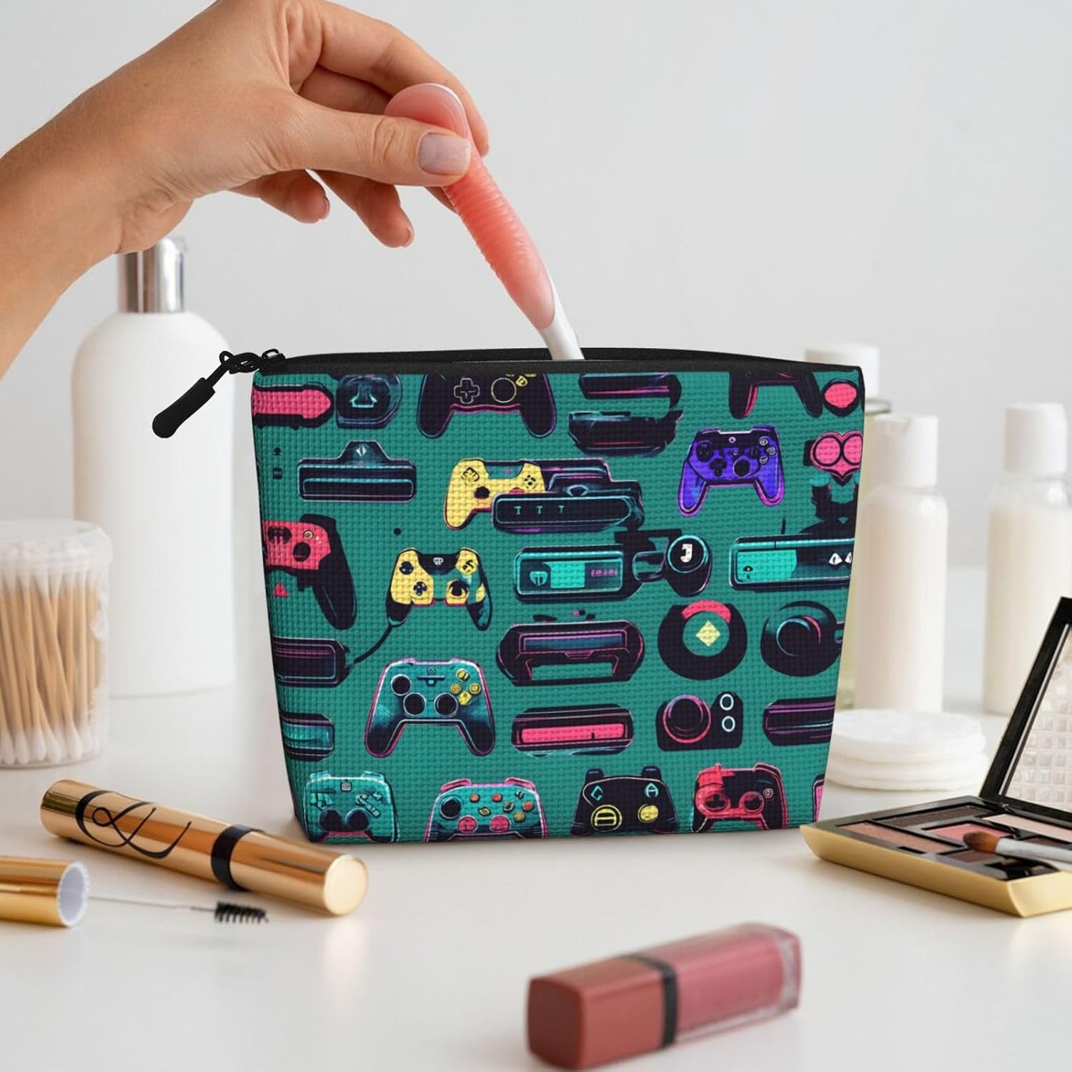 Gaming Controller Patterns print Makeup Pouch Cosmetic Bag Large Capacity Canvas Makeup Bag Cute Aesthetic for Her image 5