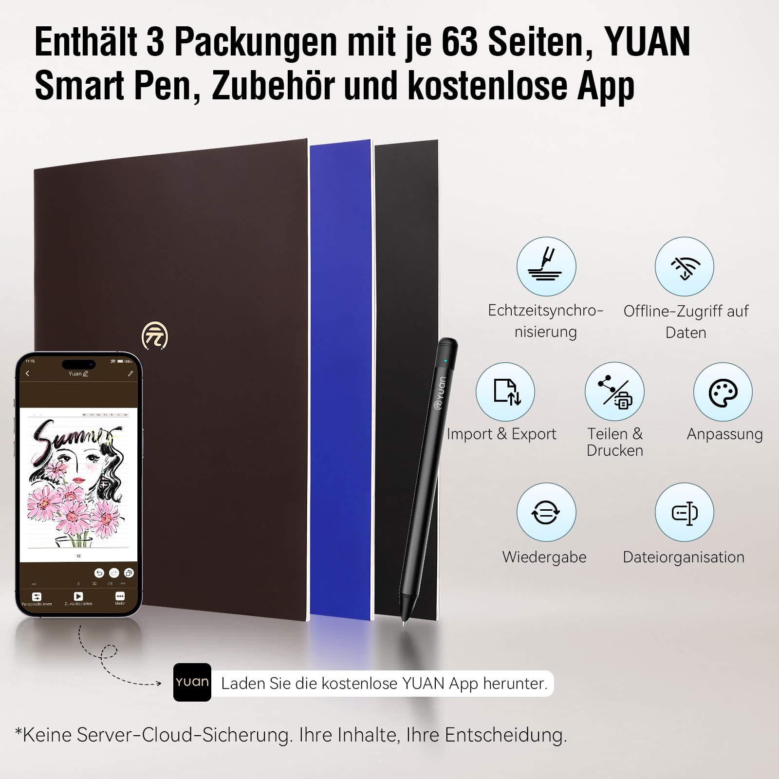 Yuan Digitales Notizbuch mit Pen, Smart Writing Set Bluetooth-Notizbuch | Echtzeit-Sync Digitalisierung auf phone/Tablet, Notizblock Intelligentes Schreiben für Schüler, Skizzieren, Notizen machen