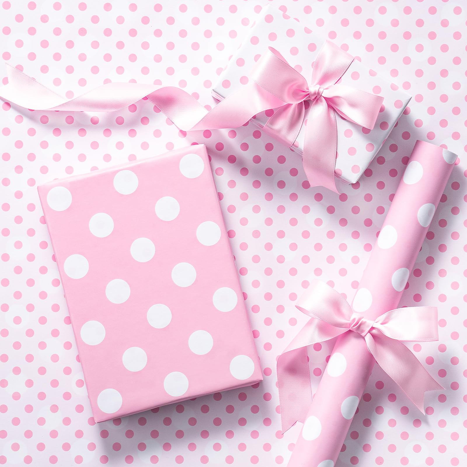 RUSPEPA Mini Reversible Pink White Polka Dot Wrapping Paper Large Small Dots Soft Pastel For Birthdays Baby Showers Bridal Showers Spring Parties 43.2cm x 5m