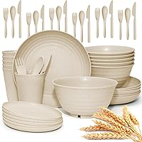 Vista 1 de 42 pcs Wheat Straw Dinnerware Sets - SHECIPIN Unbreakable Reusable Dinnerware Set Kitchen Cups Plates and Bowls Sets,Dishwasher Microwave Safe Beige