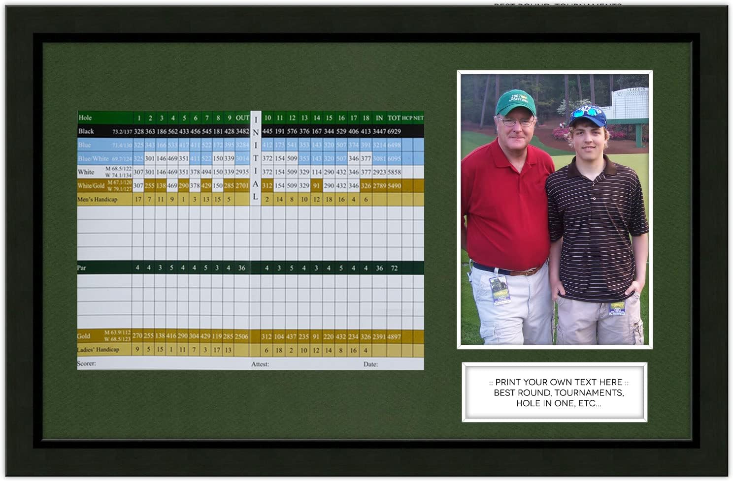 10X16 Black Golf Scorecard Picture Frame with Optional Engraved Plate; Moulding blk-001, Green Mat (holds up to 6X8 vertical or horizontal scorecard and VERTICAL 4x6 or 5x7 picture); card and photo not included
