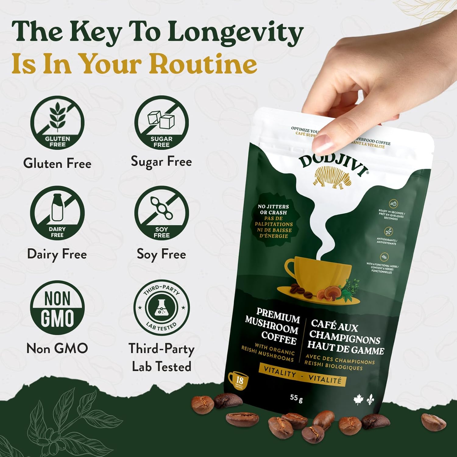 Dodjivi Organic Reishi Mushroom Coffee, Sustained Energy & Focus, Instant Coffee, Arabica with Adaptogenic Herbs, Sugar-Free, Vegan, Keto-Friendly, Low-Acid, Smooth Taste, 18-36 Servings