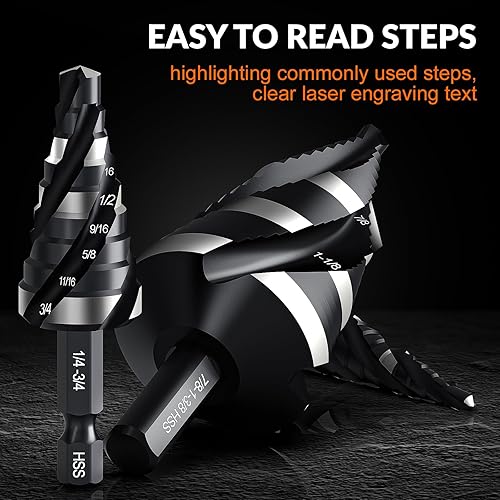 Miniatura 5 de THINKWORK Juego de 4 brocas escalonadas en espiral, 5 brocas escalonadas HSS (18 a 1-38 pulgadas), brocas de paso Unibit de 14 pulgadas y 38