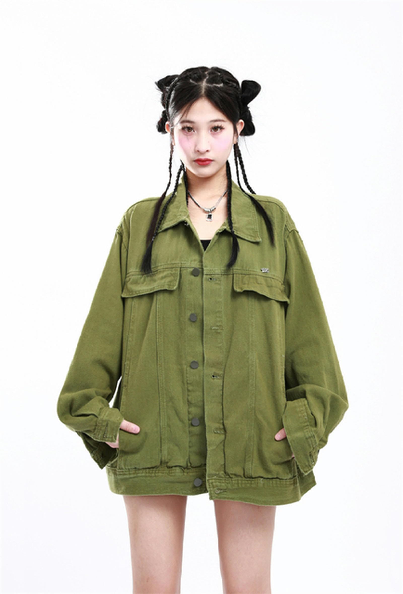 Y2K Chaqueta vaquera informal verde con cuello Polo y solapa vintage