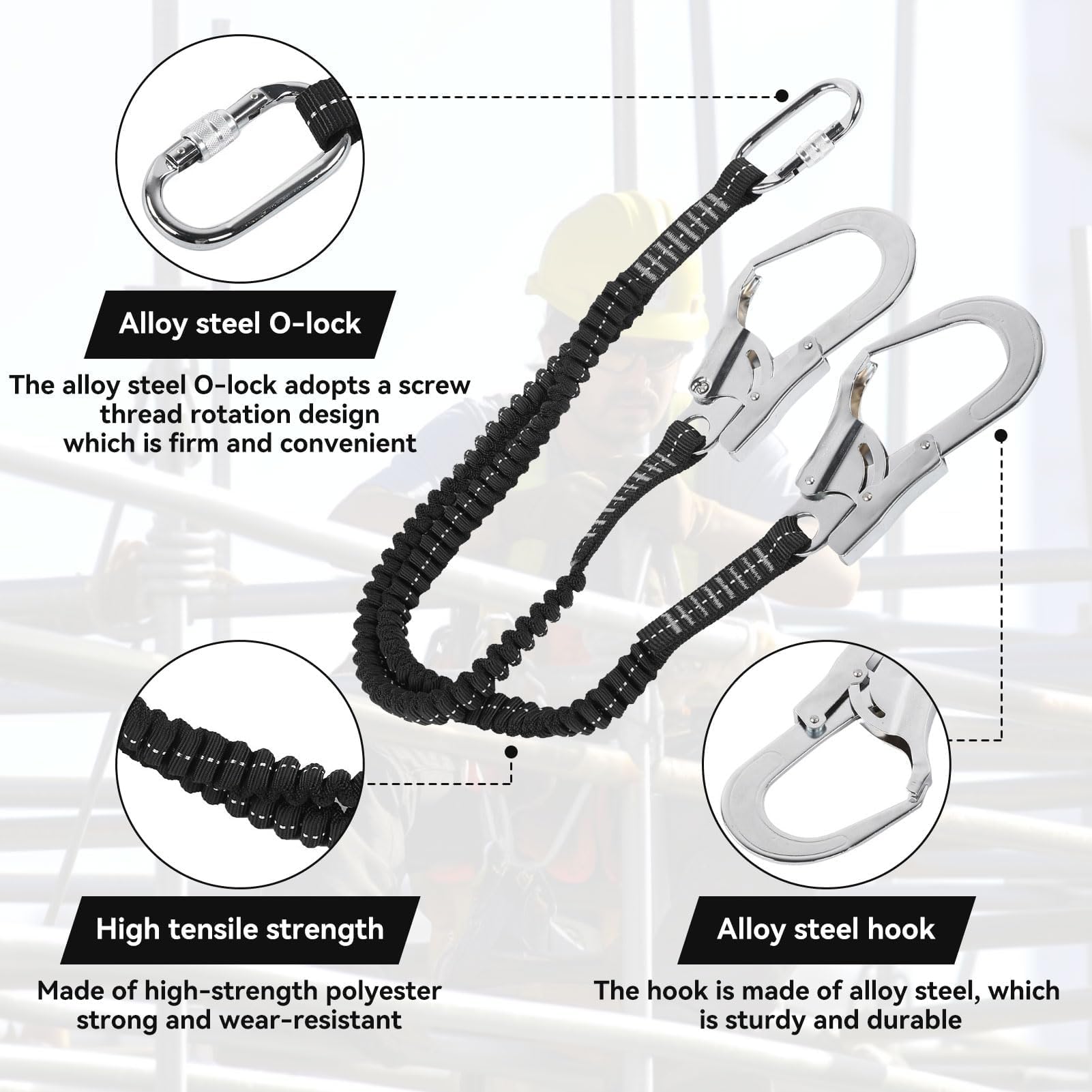 HERCHR 80-140 cm/31,5-55,1 po Ceinture de Sécurité Crochet élastique, 25KN Double Grand Cordon à Crochet Acier Longe Sécurité Absorbant les Chocs Corde de Sécurité Antichute pour L'extérieur