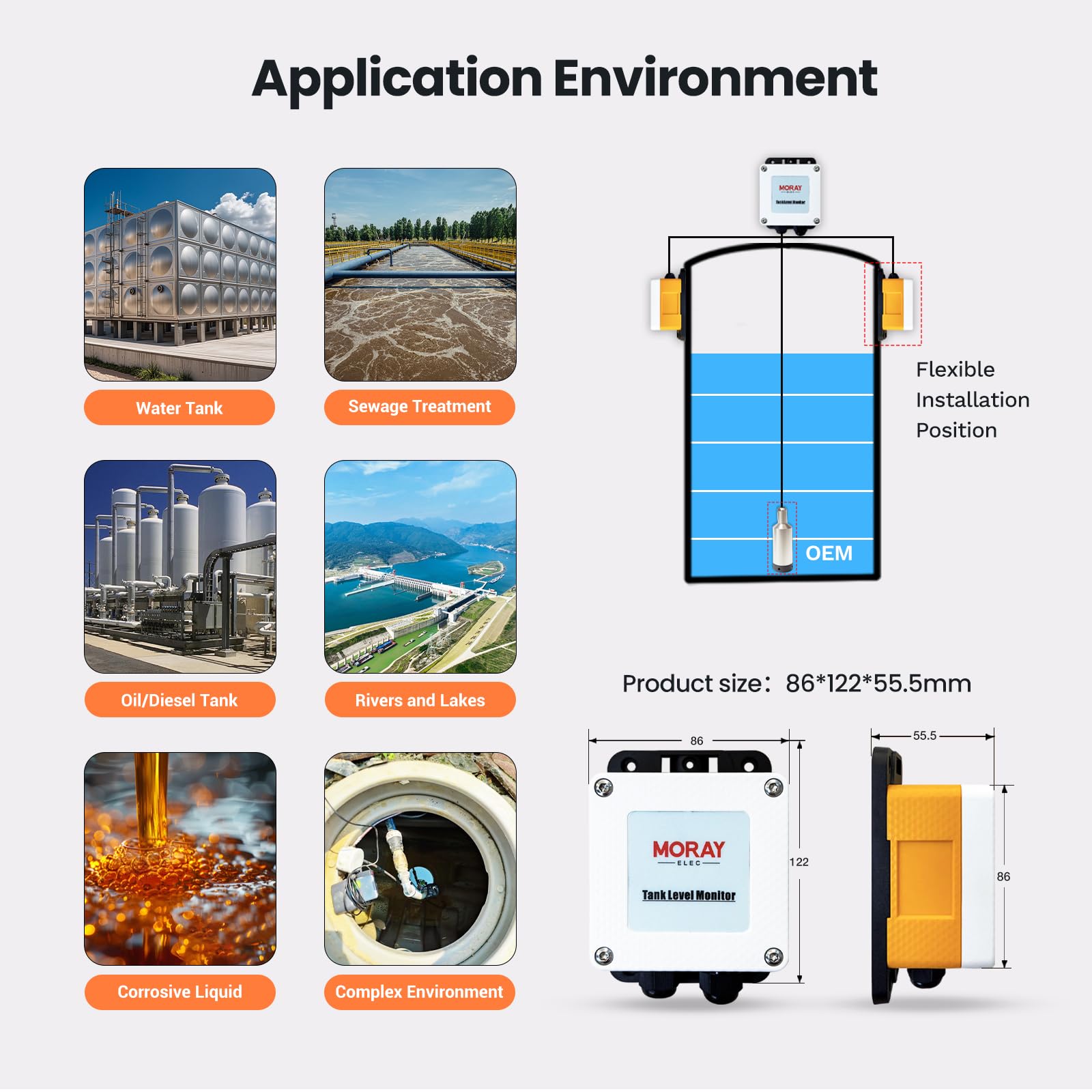 Moray Smart WiFi Wasserstandssensor Wassertank Füllstandsmesser Wasserstandssender LCD-Bildschirm Automatische Alarmanzeige für Tuya Mobile APPSolar Gateway Smart Home Fernbedienung IP67 Wasserdicht
