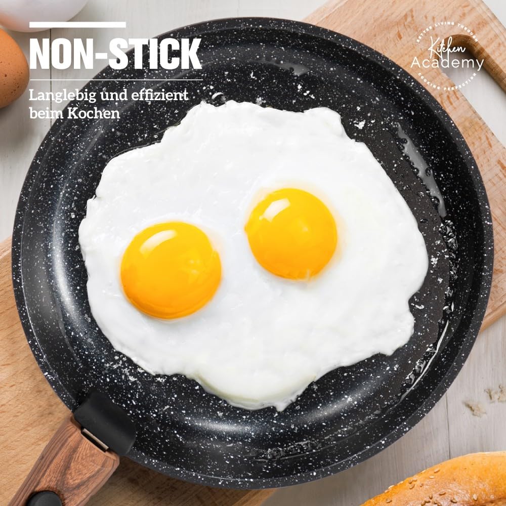 Kitchen Academy Set di pentole da 10 pezzi, Set di pentole e padelle con coperchi in vetro, Rivestimento in marmo, Rivestimento antiaderente, Adatto all'induzione, Manico liscio venato (Nero)