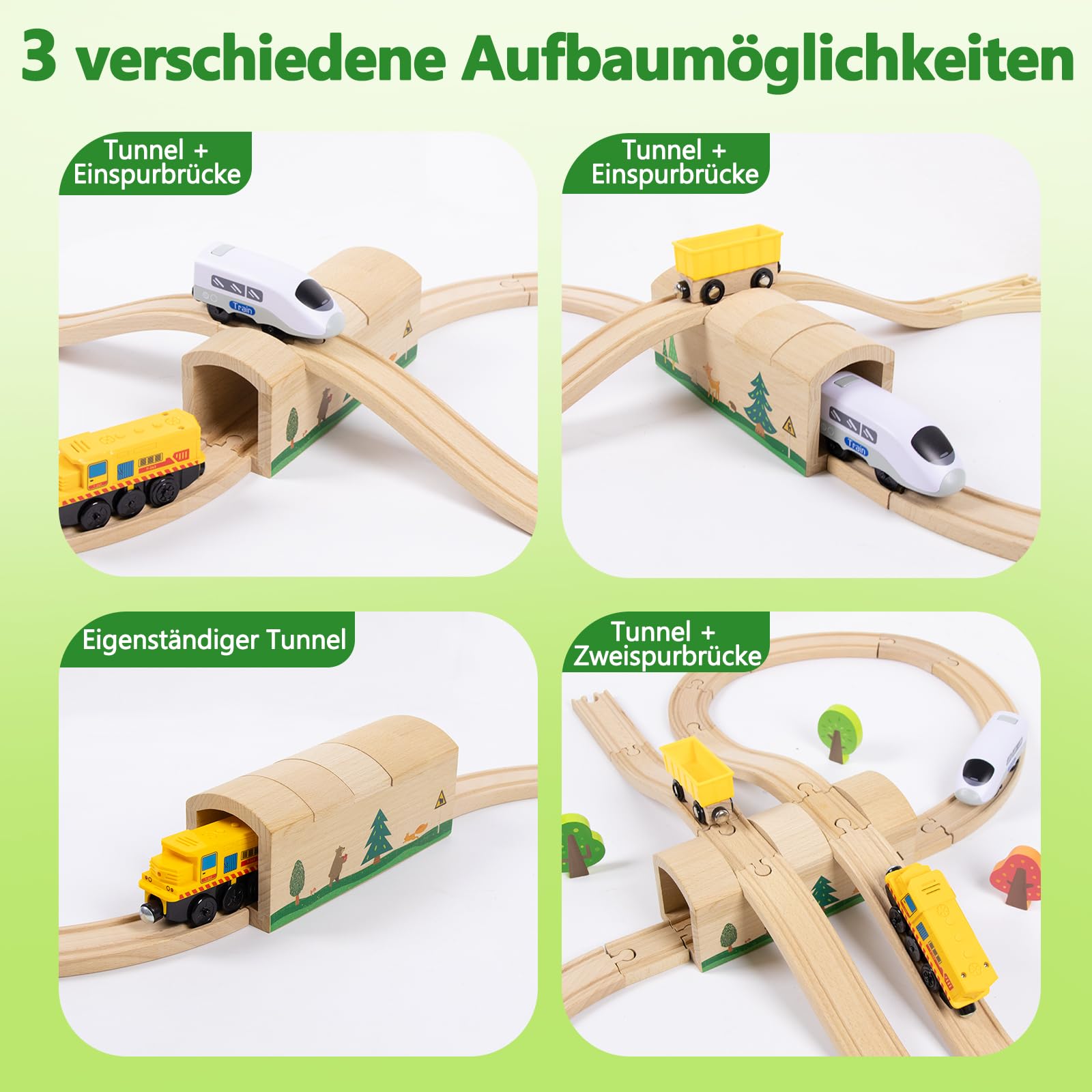 Ensemble tunnel et pont en bois avec rails en S, accessoires de pont de chemin de fer en bois, compatible avec les principales marques de chemins de fer, jouets pour enfants à partir de 3 ans (animaux