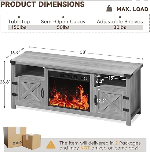 Miniatura 8 de YESHOMY - Mueble para TV con chimenea y puertas estilo granja con estante de exhibición abierto, consola multimedia de estilo granja con Gris