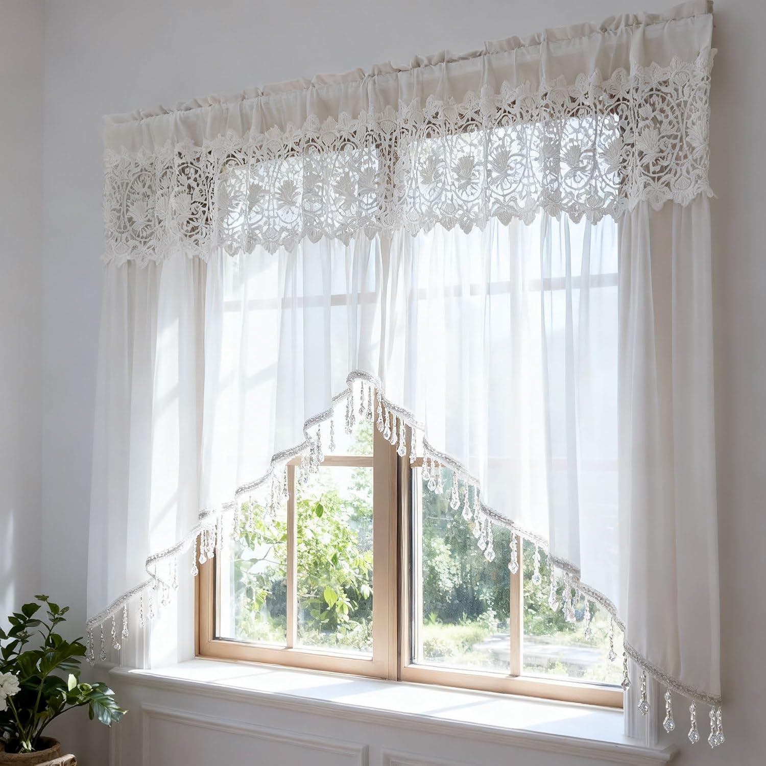Luxury Sheer Valance Curtains for Living Room Window Valance Bead Trim Tassel Swag Curtain Macrame Rod Pocket Room Divider Kitchen Dining Room 1 Panel (W78 X L47 Inch,White)