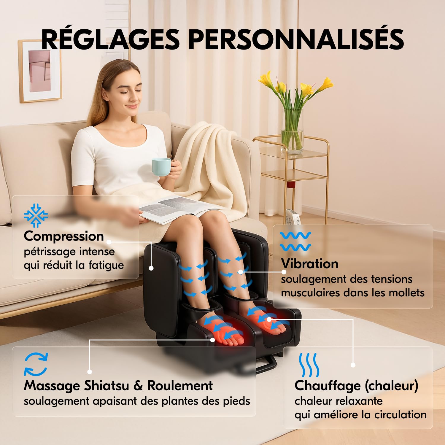 Masseur de pieds et jumeaux 2 en 1 avec chaleur, shiatsu, compression, vibration et pétrissage | Masseur pour pieds, chevilles et jambes | Soulagement de la fatigue et de la fasciite plantaire