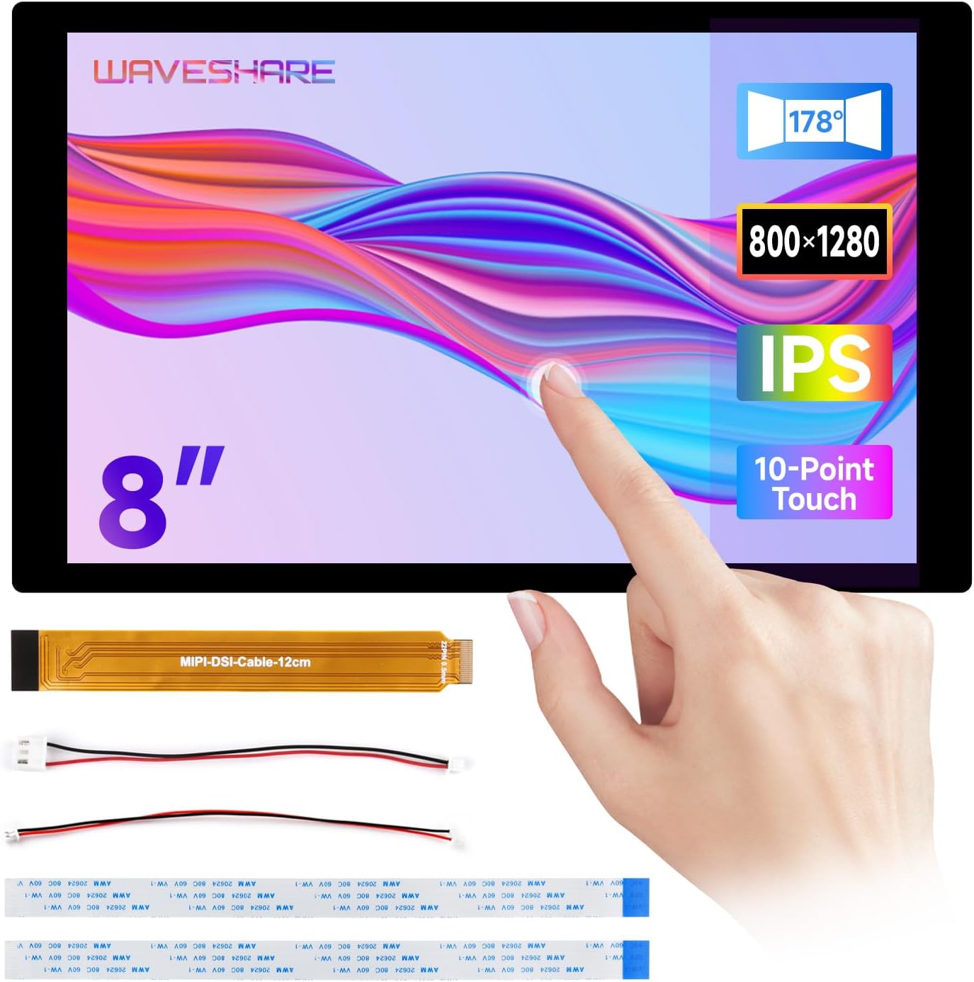 waveshare 8inch DSI Capacitive Touch Display, Compatible with Raspberry Pi 5/4B/3B/CM3/3+/4, 800×1280, IPS Panel, Optical Bonding Toughened Glass Panel, 10-Point Touch
