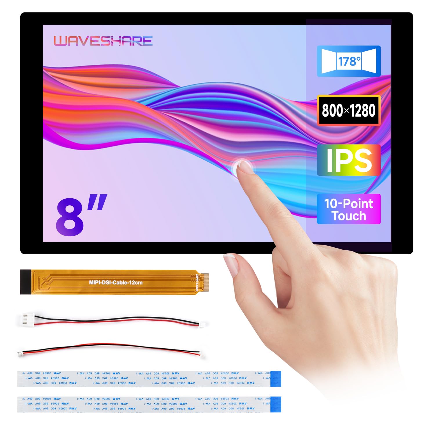 Waveshare 8inch DSI Capacitive Touch Display, Compatible with Raspberry Pi 5/4B/3B/CM3/3+/4, 800x1280, IPS Panel, Optical Bonding Toughened Glass Panel, 10-Point Touch