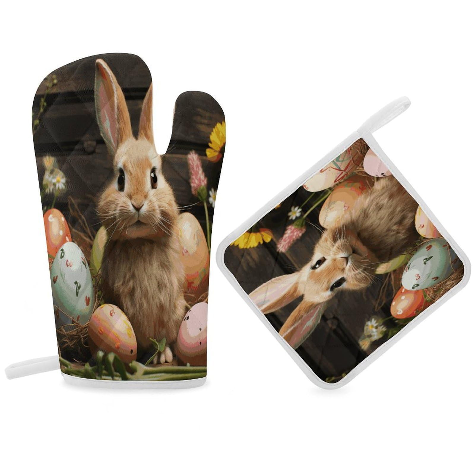 Fodpand Women's Style Easter Egg Bunny Oven Mitts And Pot Holders Sets,Oven Gloves For Kitchen Oven Mitts And Potholders For Baking Cooking Grilling Apartment Essentials