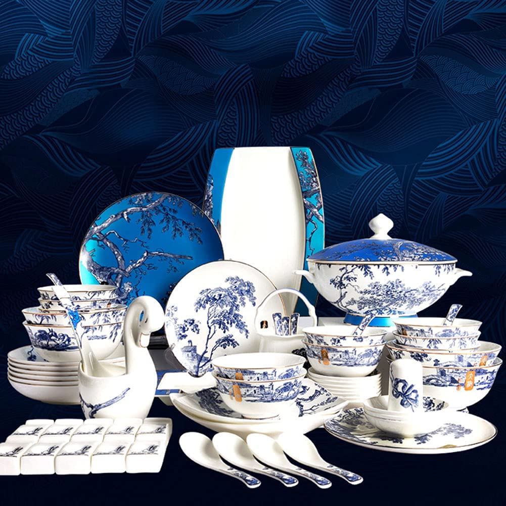 Ensemble de Vaisselle en Porcelaine Anglaise, 62 pièces, Bols, Plats et Baguettes en céramique pour la Maison (Service pour 6 à 8 Personnes) - pour Amis et fami(