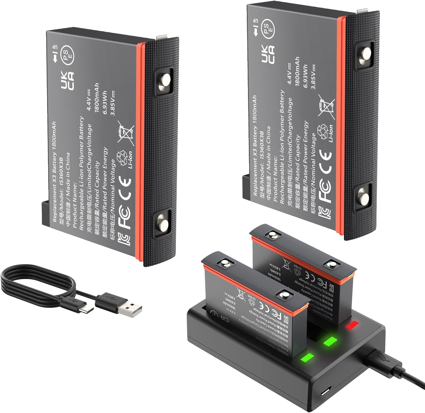 XINGLT Insta 360 x3 Battery 2Packs Replacement Batteries with Charger Hub Fast Charge,1800mAh Insta 360 x3 Accessories Compatible with Original