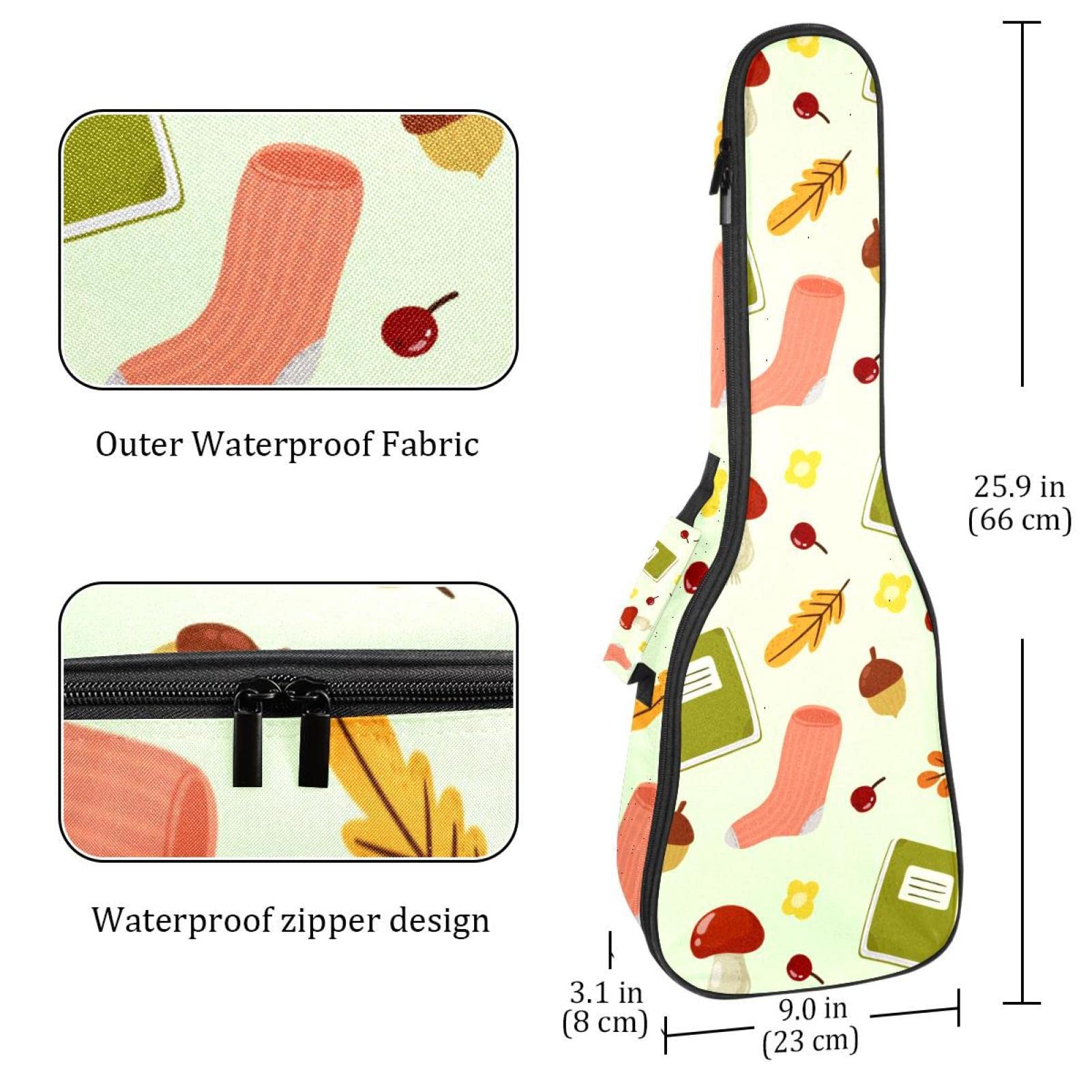 Sac à dos robuste pour ukulélé de concert - Sac de rangement pour ukulélé soprano - Sac rembourré de 10 mm - Livres et chaussettes d'automne