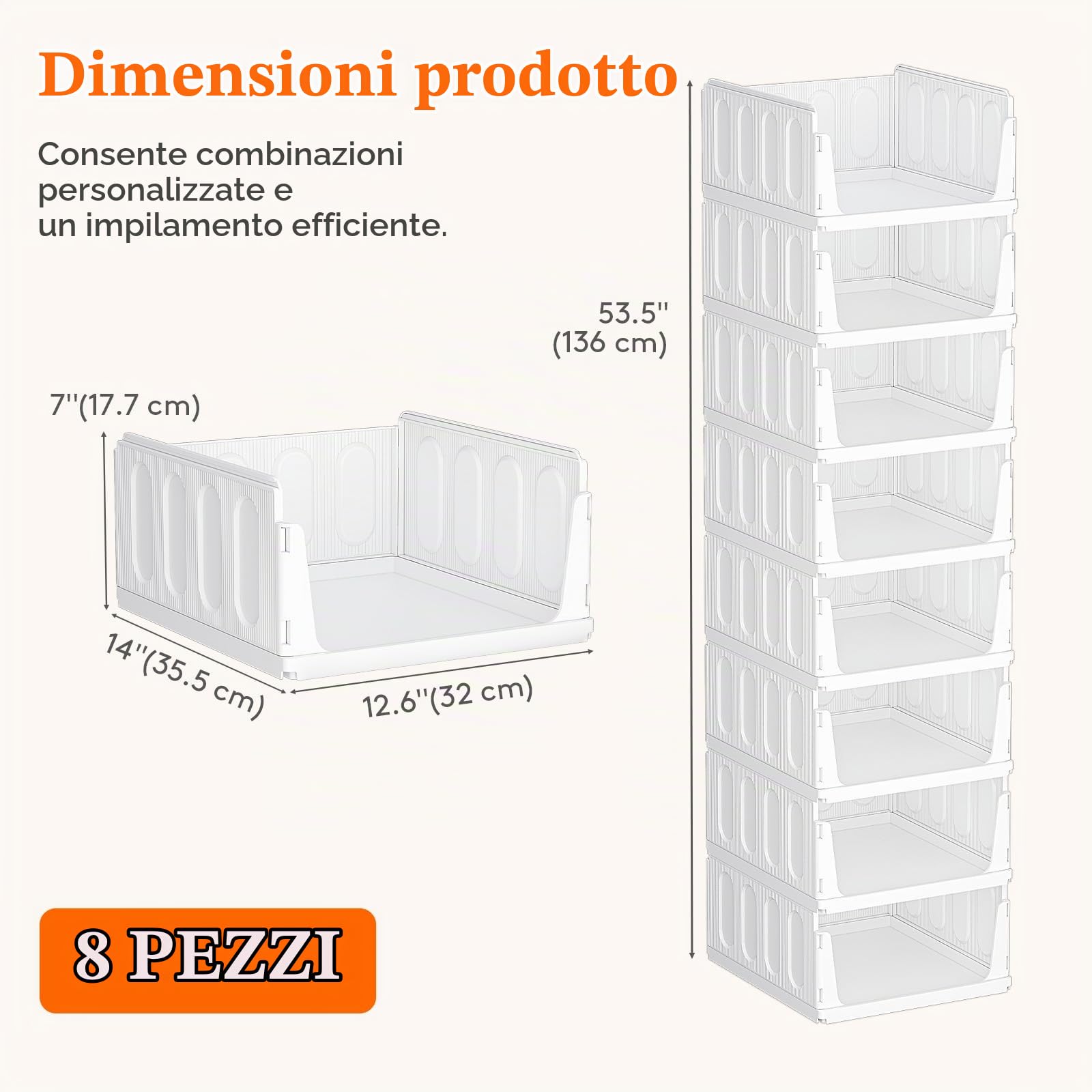 Lifewit Organizer Armadio Interno, Impilabili Contenitori per Vestiti, Contenitori con Cassetti Salvaspazio Estraibile, Scatole Portaoggetti per Cucina, Bagno e Camera da Letto, 20L, Bianco, 8 Pezzi | Sistema di organizzazione estensibile in plastica per