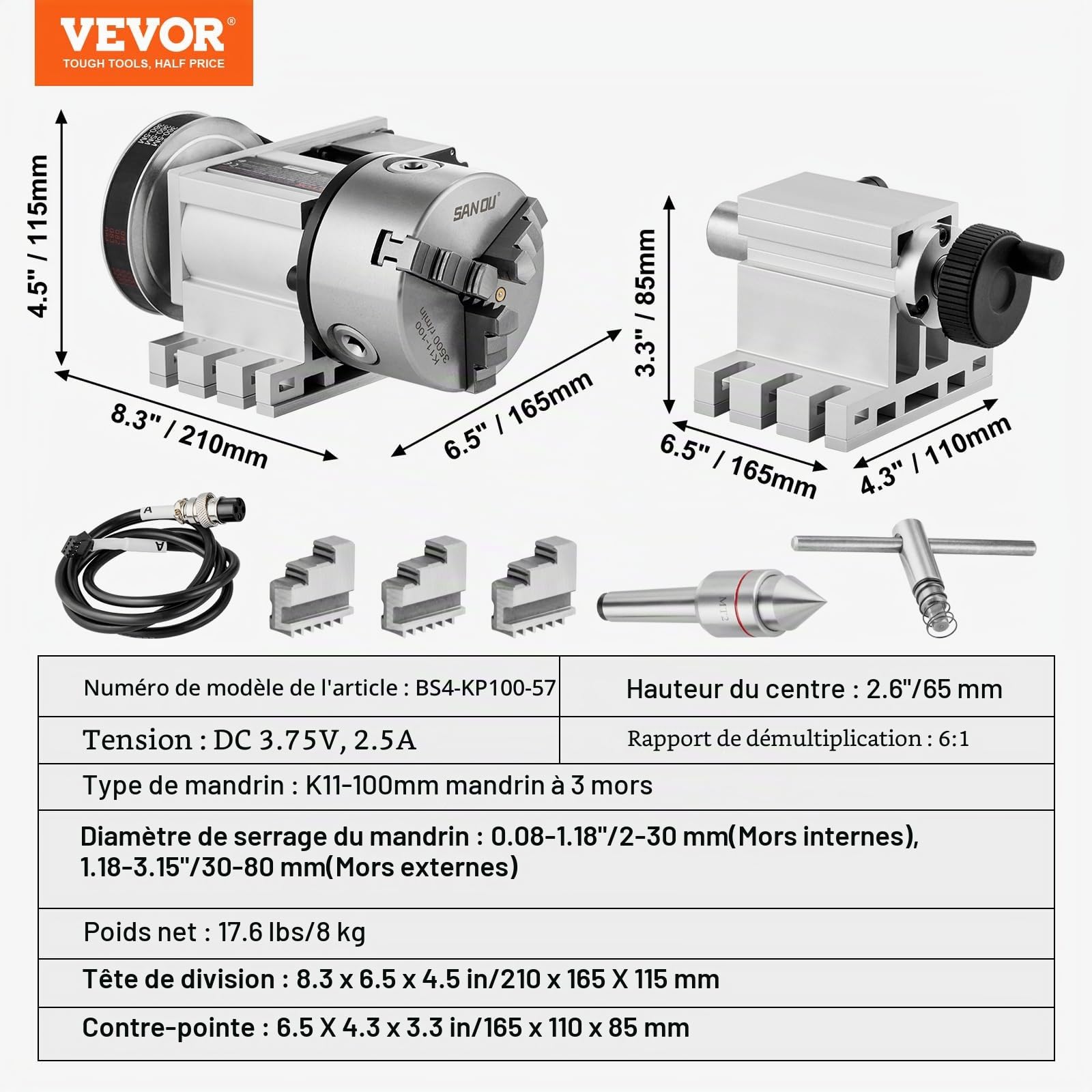 VEVOR Tête de division, mandrin à 3 mâchoires K11-100 mm, diviseur à 3 mâchoires fraiseuse CNC 4ème axe de rotation tête indexation hauteur centre 65 mm contre-pointe MT2 rapport de transmission 6:1