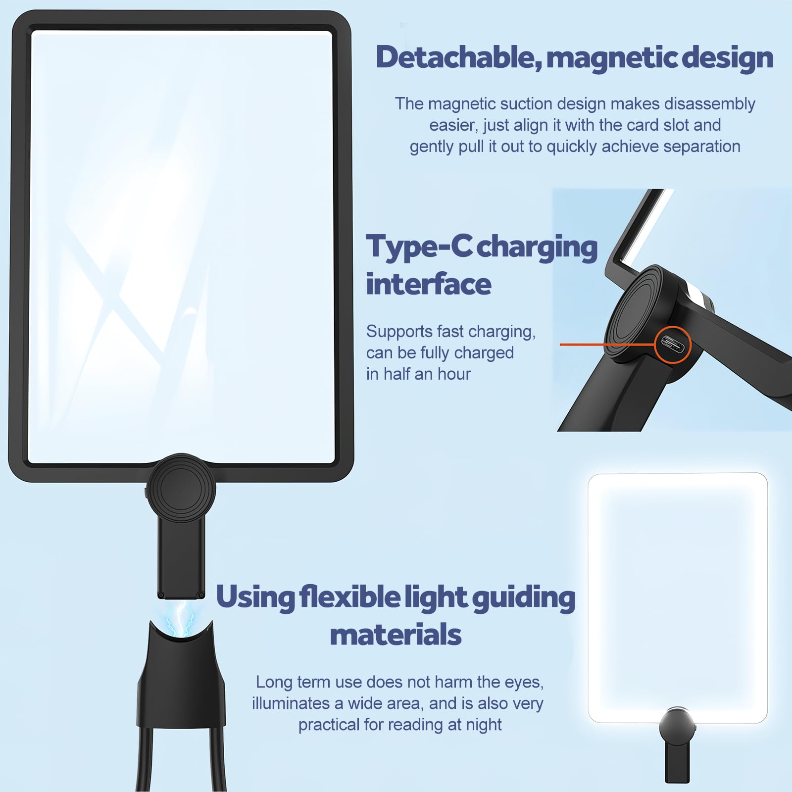 Loupe Rectangulaire Lumineuse 5X Rechargeable - Col Flexible Mains Libres, 50 LEDs, Pour Lecture Et Travaux Précis
