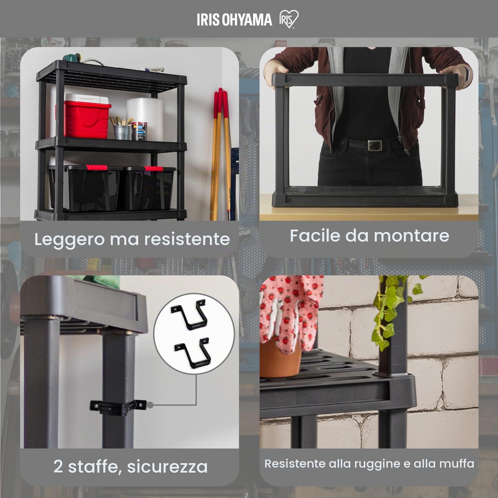 Iris Ohyama, Set di 2 Scaffali in plastica resistente, capacità di 100 kg, facile da montare, 4 ripiani, senza BPA, ripiano per garage, cucina, spazio di lavoro, PRS-M4, nero