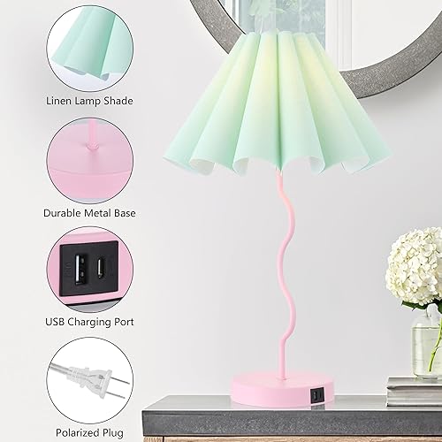 Miniatura 3 de Lámpara de mesa para dormitorio, mesita de noche, moderno, verde, rosa, lámpara regulable para sala de estar, mesa auxiliar con puerto USB y salida