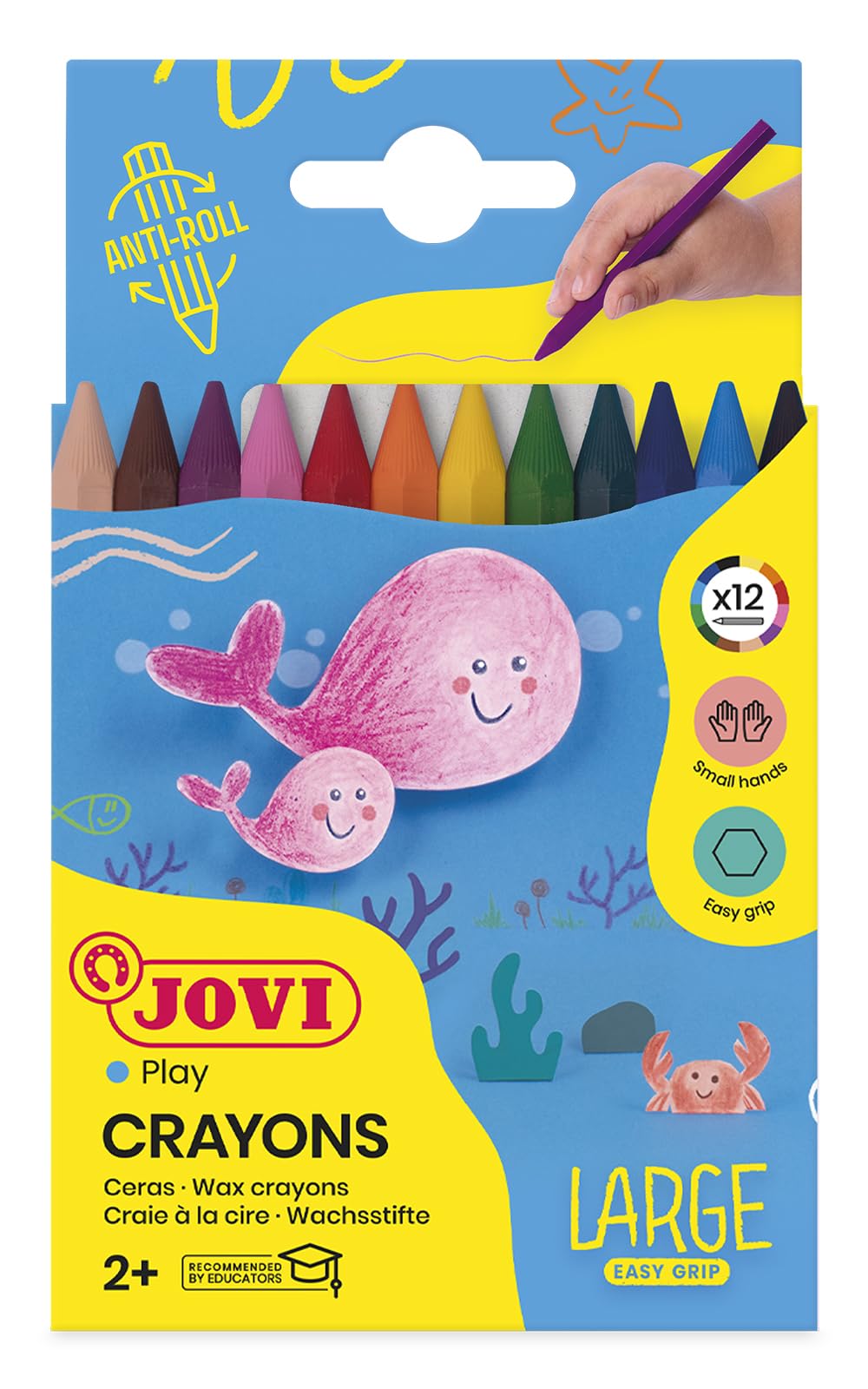Jovi - Duże kredki Easy Grip, Pudełko na 12 sześciokątnych kredek plastikowych, Różne kolory, Wysoka wydajność, Idealne dla dzieci, Bezglutenowe (912)