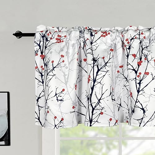Miniatura 2 de 4 paneles de cenefas opacas para ventanas de cocina, cenefas cortas con estampado de ramas de árbol de cerezo rojo para dormitorio, sala de estar,
