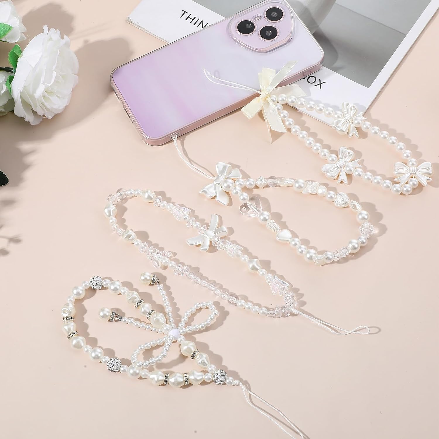 4 PCS Phone Charms, Pearl Phone Charm Wrist Strap, Cute Beaded Cellphone Case Charm Wrist Lanyard Bracelet for Women Camera Keychain Wallet Decor