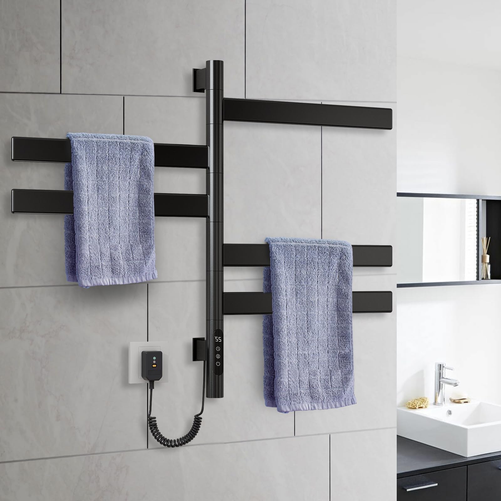 ZOYI 180-Grad-Drehung Handtuchhalter heizkörper, Handtuchtrockner elektrisch, Handtuchwärmer Elektrisch, elektrischer handtuchheizkörper, 220V, 150W (Schwarz)