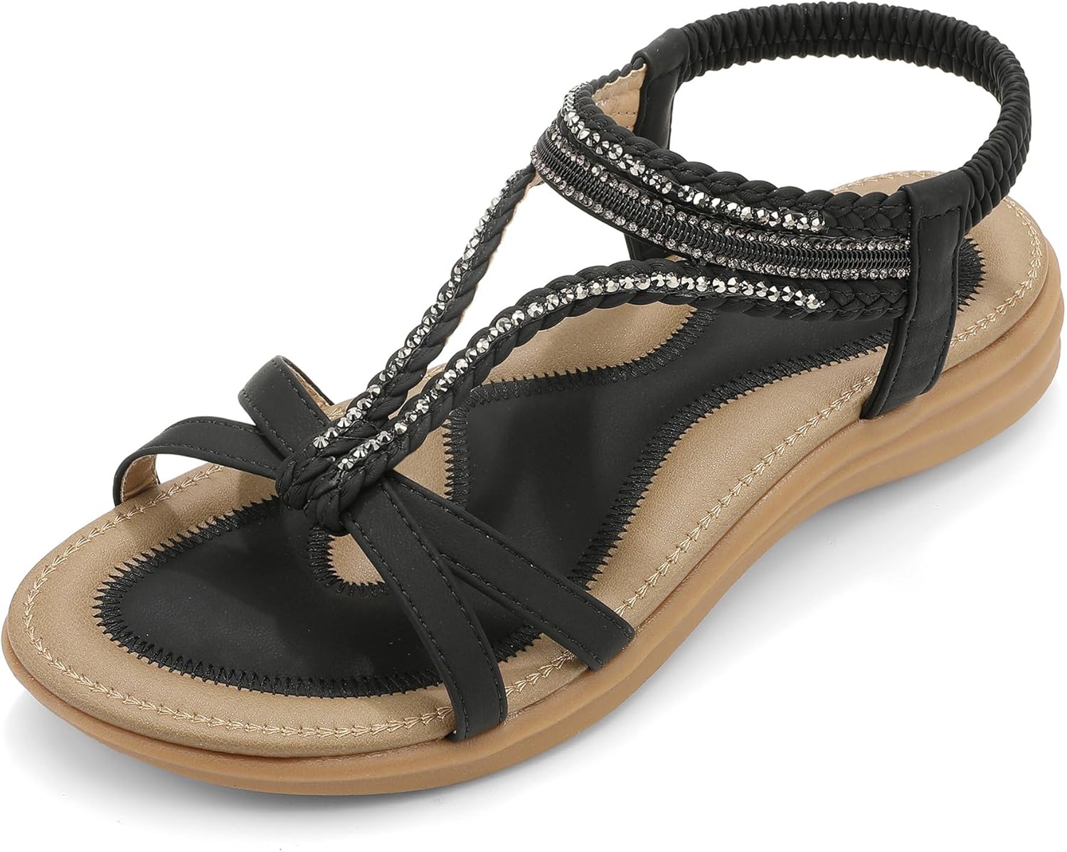 UBFEN Womens Bohemian Flat Sandals With Back Strap Summer Beach Comfortable Bling