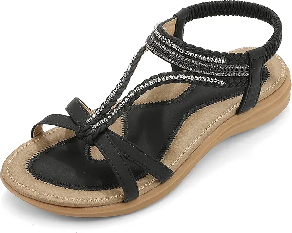 UBFEN Womens Bohemian Flat Sandals With Back Strap Summer Beach Comfortable Bling 8 A Black